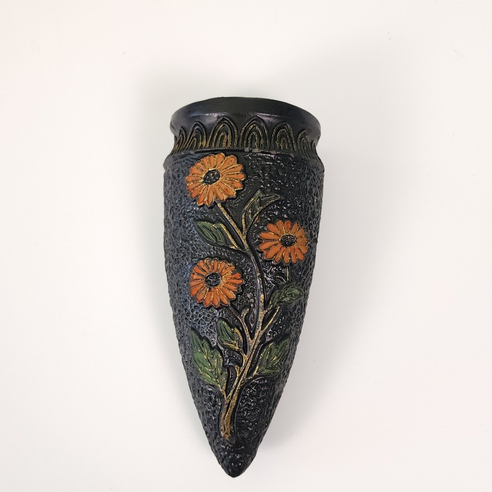 Vintage Made in Japan Wall Pocket Vase Black Textured Orange Floral 7.25 Inch